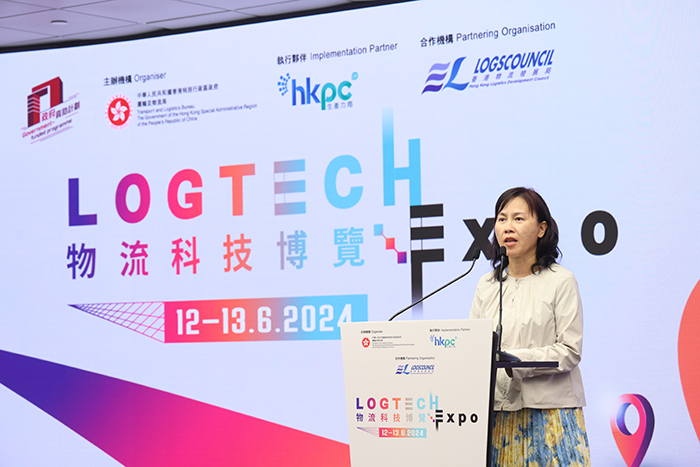 Ms. Mable Chan, JP, Permanent Secretary for Transport and Logistics of the Government of the HKSAR, delivered the opening remarks at the “LOGTEC Expo 2024 today ”.